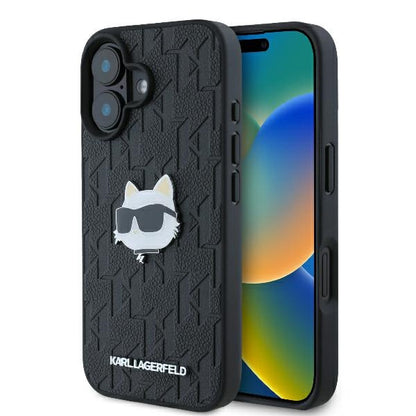 Husa pentru Apple iPhone 16, Karl Lagerfeld, Monogram Choupette's Head, Neagra