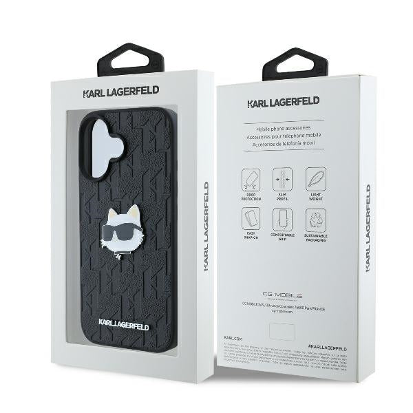 Husa pentru Apple iPhone 16, Karl Lagerfeld, Monogram Choupette's Head, Neagra