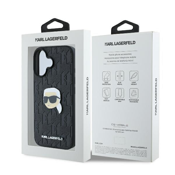 Husa pentru Apple iPhone 16, Karl Lagerfeld, Monogram Karl's Head, Neagra