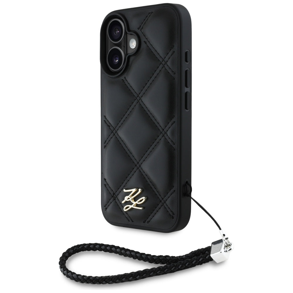 Husa pentru Apple iPhone 16, Karl Lagerfeld, Quilted Initial Logo & Chain Strap, Neagra