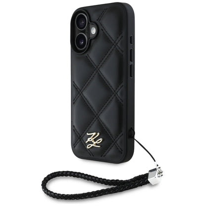 Husa pentru Apple iPhone 16, Karl Lagerfeld, Quilted Initial Logo & Chain Strap, Neagra