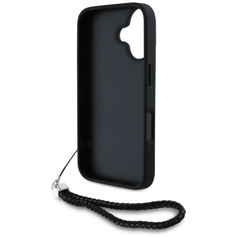 Husa pentru Apple iPhone 16, Karl Lagerfeld, Quilted Initial Logo & Chain Strap, Neagra