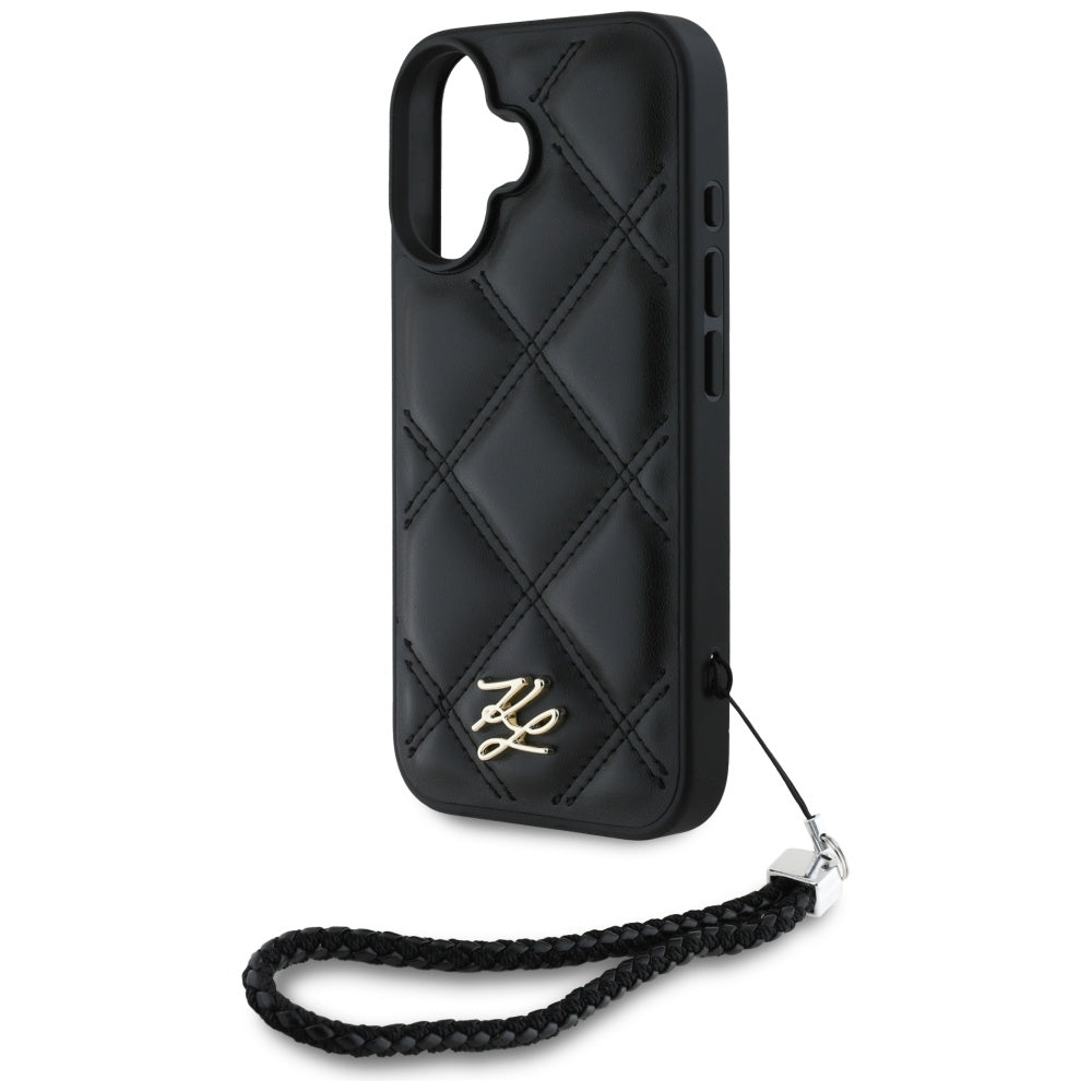 Husa pentru Apple iPhone 16, Karl Lagerfeld, Quilted Initial Logo & Chain Strap, Neagra