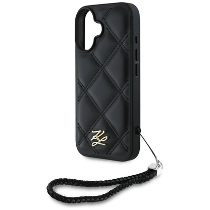 Husa pentru Apple iPhone 16, Karl Lagerfeld, Quilted Initial Logo & Chain Strap, Neagra