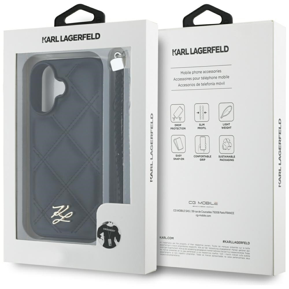 Husa pentru Apple iPhone 16, Karl Lagerfeld, Quilted Initial Logo & Chain Strap, Neagra