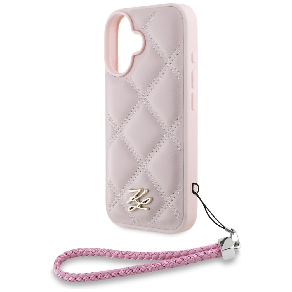 Husa pentru Apple iPhone 16, Karl Lagerfeld, Quilted Initial Logo & Chain Strap, Roz