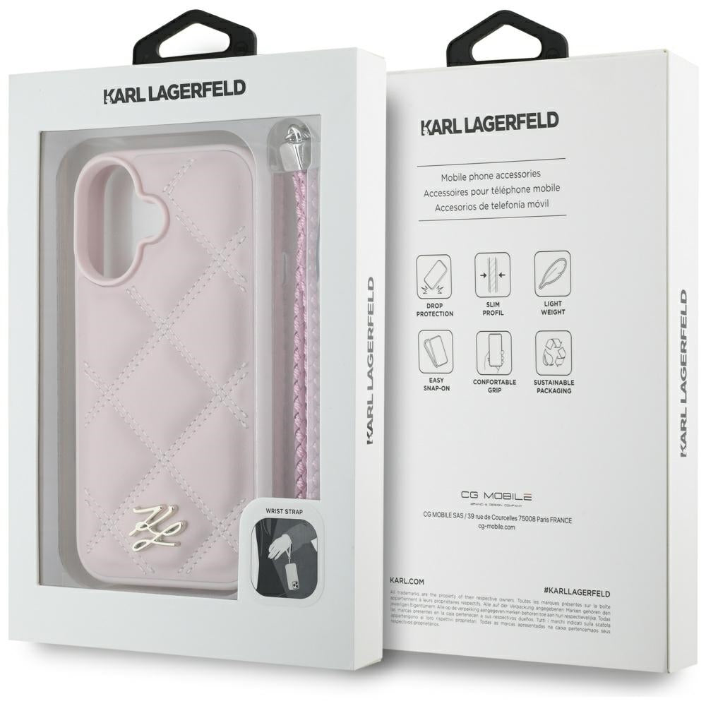 Husa pentru Apple iPhone 16, Karl Lagerfeld, Quilted Initial Logo & Chain Strap, Roz
