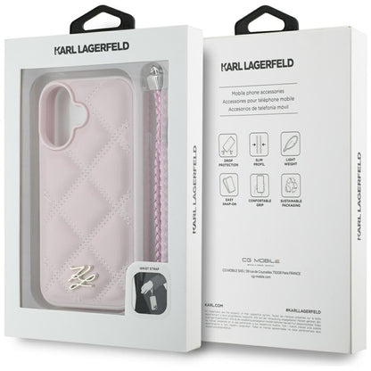 Husa pentru Apple iPhone 16, Karl Lagerfeld, Quilted Initial Logo & Chain Strap, Roz