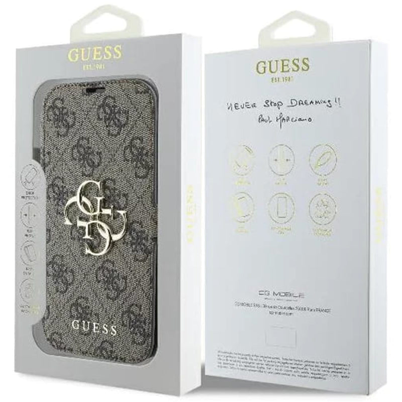 Husa pentru Apple iPhone 16 Plus, Guess, 4G Book, Maro