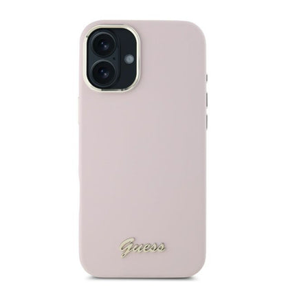 Husa pentru Apple iPhone 16 Plus, Guess, Script Metal Logo & Frame, Roz
