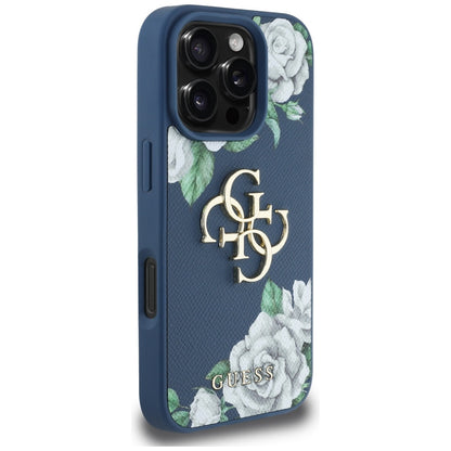 Husa pentru Apple iPhone 16 Pro, Guess, 4G Grained Roses Big Logo, Albastra