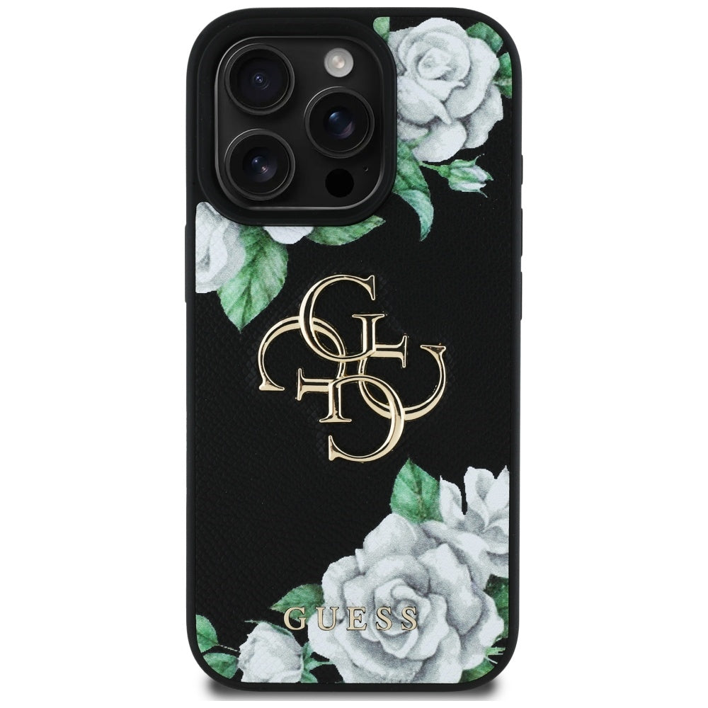 Husa pentru Apple iPhone 16 Pro, Guess, 4G Grained Roses Big Logo, Neagra