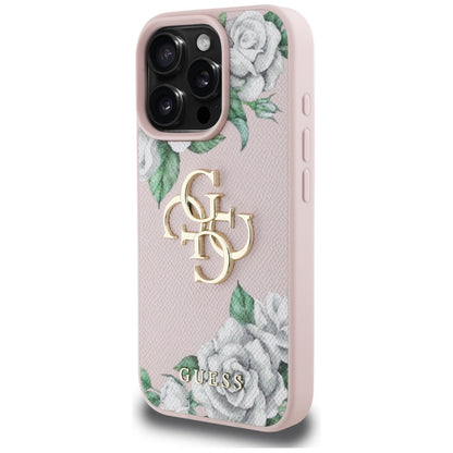 Husa pentru Apple iPhone 16 Pro, Guess, 4G Grained Roses Big Logo, Roz