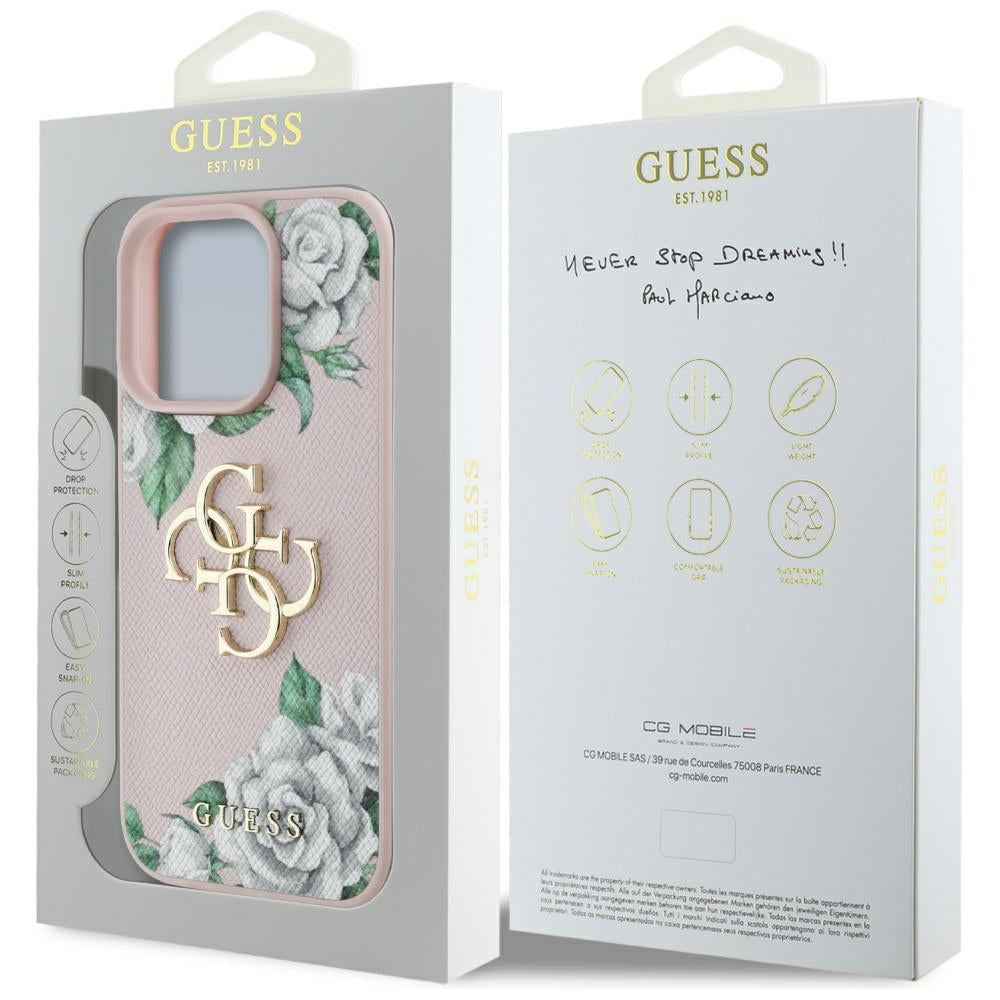 Husa pentru Apple iPhone 16 Pro, Guess, 4G Grained Roses Big Logo, Roz