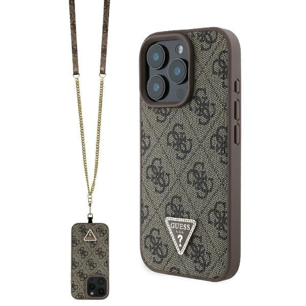 Husa pentru Apple iPhone 16 Pro, Guess, Crossbody 4G Triangle Strass, Maro