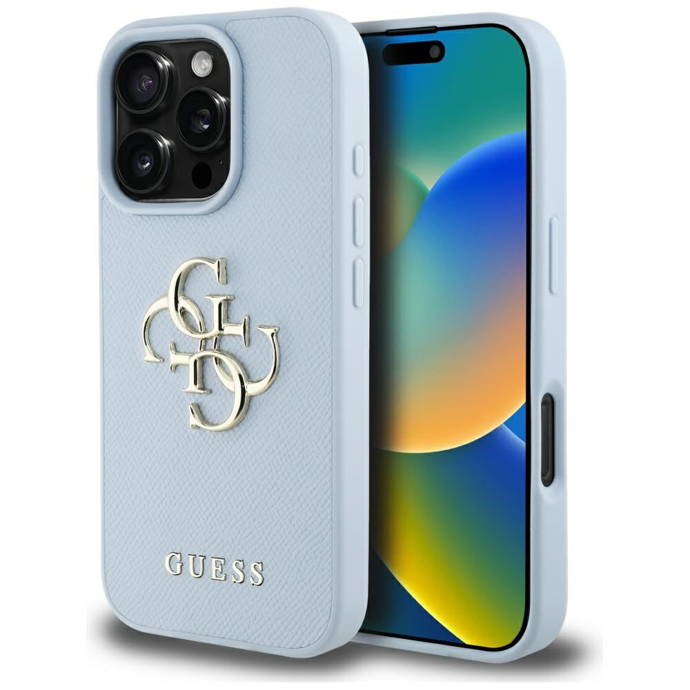 Husa pentru Apple iPhone 16 Pro, Guess, Grained Big 4G Logo Small Classic Logo, Albastra