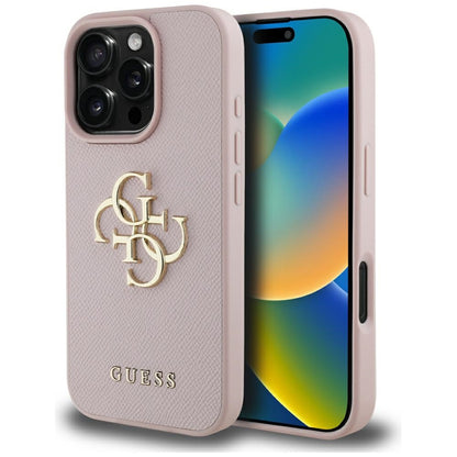 Husa pentru Apple iPhone 16 Pro, Guess, Grained Big 4G Logo Small Classic Logo, Roz