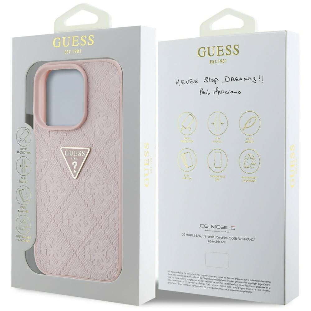 Husa pentru Apple iPhone 16 Pro, Guess, Hot Stamp 4G Pattern Triangle Logo, Roz