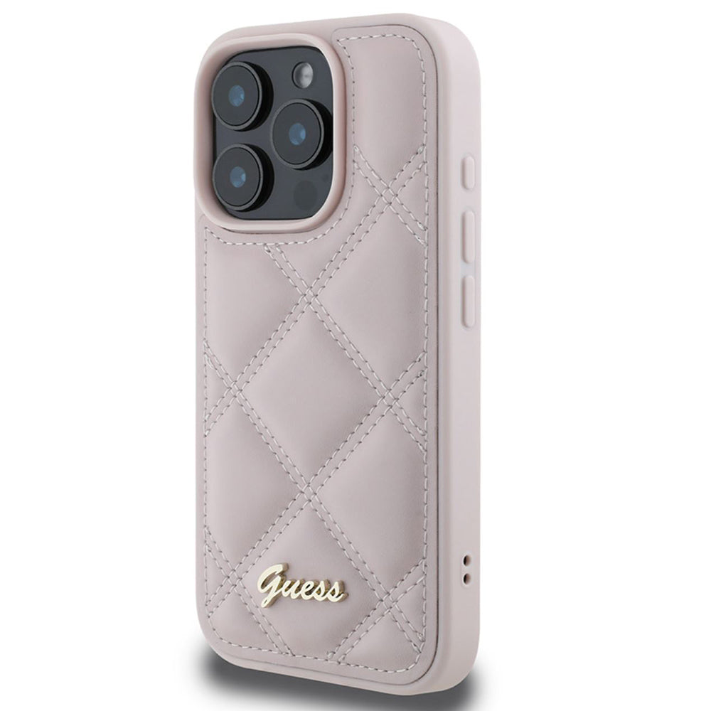 Husa pentru Apple iPhone 16 Pro, Guess, Quilted Metal Logo, Roz