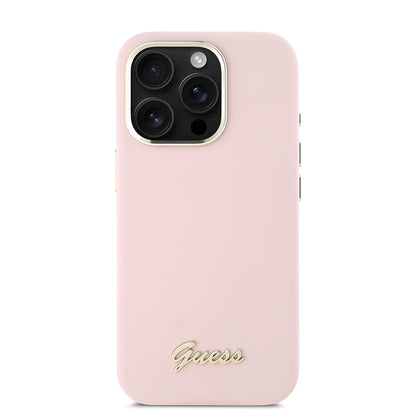 Husa pentru Apple iPhone 16 Pro, Guess, Script Metal Logo & Frame, Roz