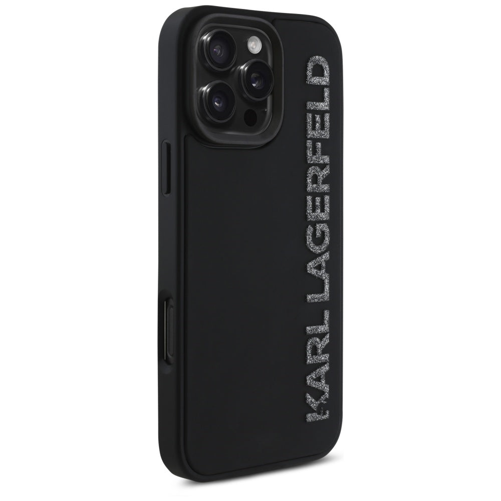 Husa pentru Apple iPhone 16 Pro, Karl Lagerfeld, 3D Rubber Elongated Gliiter Logo, Neagra