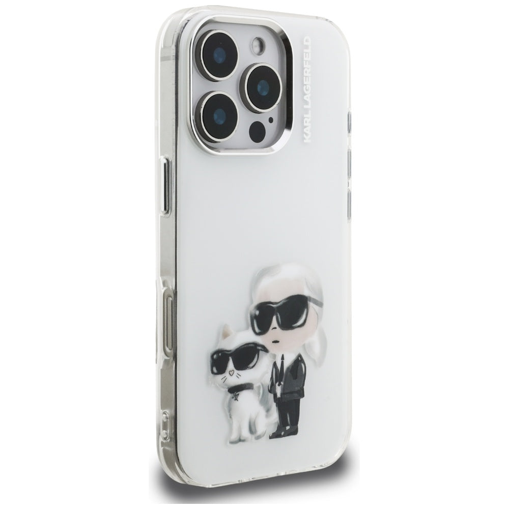 Husa pentru Apple iPhone 16 Pro, Karl Lagerfeld, IML Aquarelle Logo Karl & Choupette, Alba