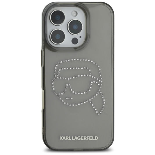 Husa pentru Apple iPhone 16 Pro, Karl Lagerfeld, IML Rhinestones Karl's Head, Neagra