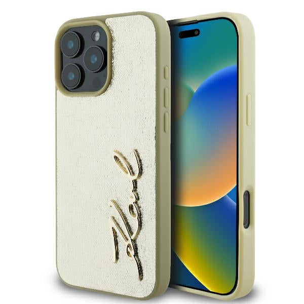 Husa pentru Apple iPhone 16 Pro, Karl Lagerfeld, Metal Signature, Aurie