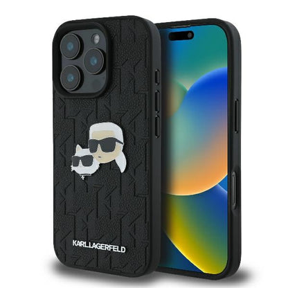 Husa pentru Apple iPhone 16 Pro, Karl Lagerfeld, Monogram Karl & Choupette's Heads, Neagra