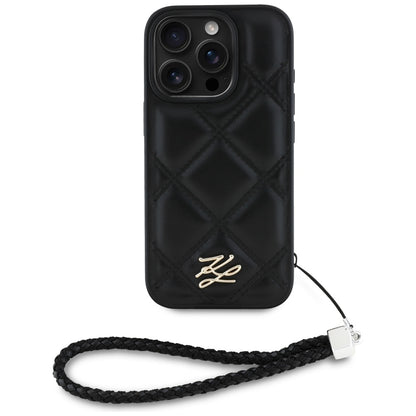 Husa pentru Apple iPhone 16 Pro, Karl Lagerfeld, Quilted Initial Logo & Chain Strap, Neagra