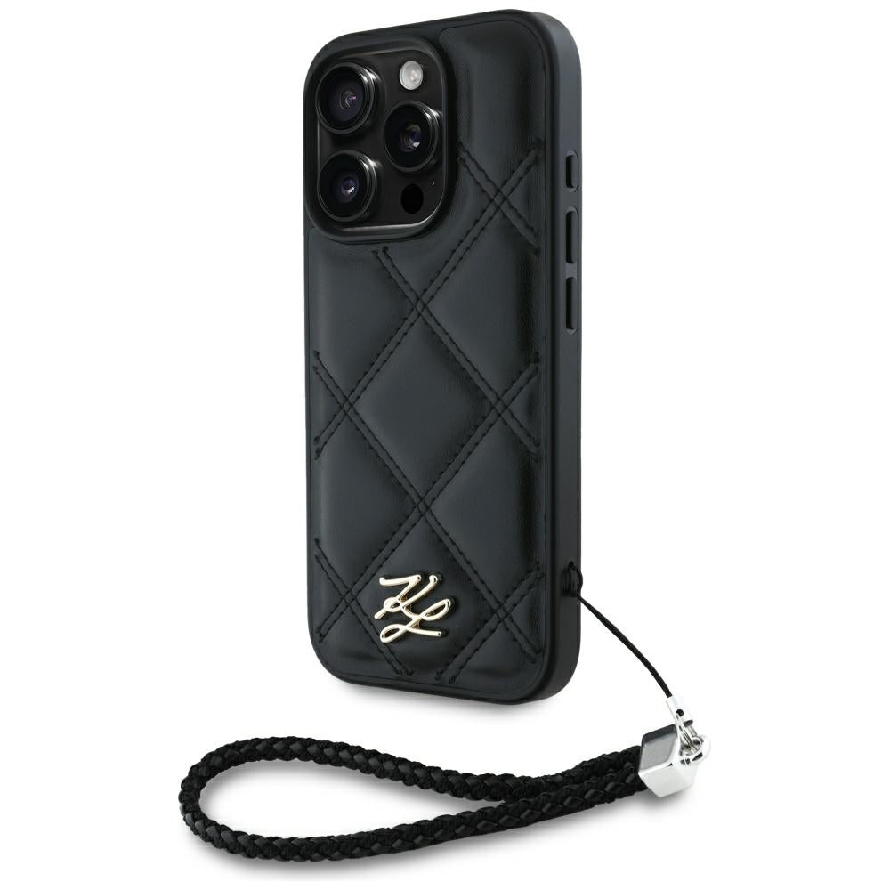 Husa pentru Apple iPhone 16 Pro, Karl Lagerfeld, Quilted Initial Logo & Chain Strap, Neagra