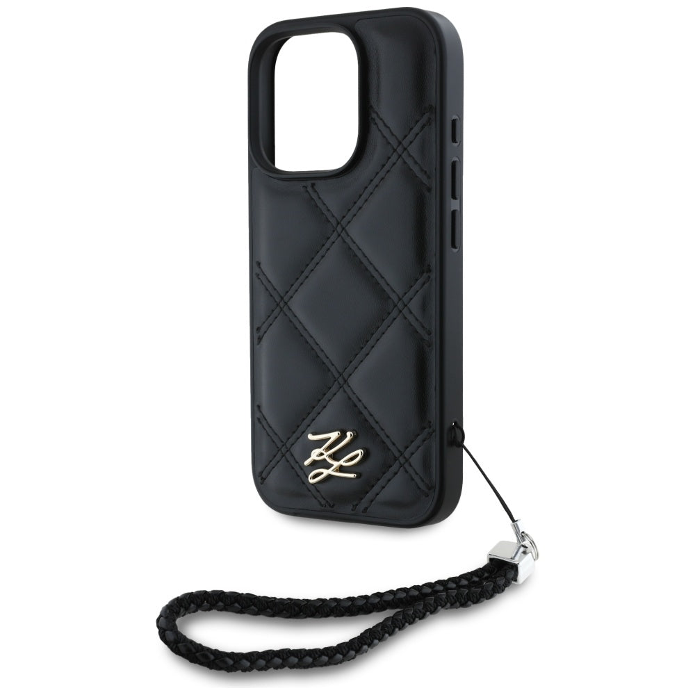 Husa pentru Apple iPhone 16 Pro, Karl Lagerfeld, Quilted Initial Logo & Chain Strap, Neagra