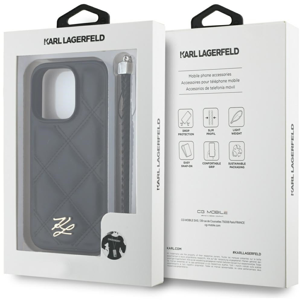 Husa pentru Apple iPhone 16 Pro, Karl Lagerfeld, Quilted Initial Logo & Chain Strap, Neagra