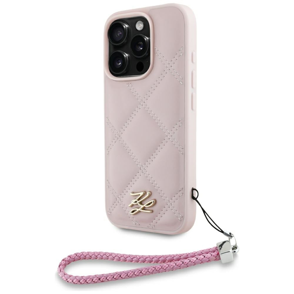 Husa pentru Apple iPhone 16 Pro, Karl Lagerfeld, Quilted Initial Logo & Chain Strap, Roz