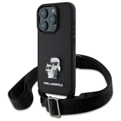 Husa pentru Apple iPhone 16 Pro, Karl Lagerfeld, Saffiano Crossbody Metal Pin Karl & Choupette, Neagra