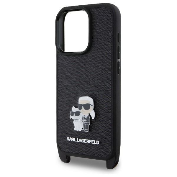 Husa pentru Apple iPhone 16 Pro, Karl Lagerfeld, Saffiano Crossbody Metal Pin Karl & Choupette, Neagra