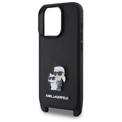 Husa pentru Apple iPhone 16 Pro, Karl Lagerfeld, Saffiano Crossbody Metal Pin Karl & Choupette, Neagra