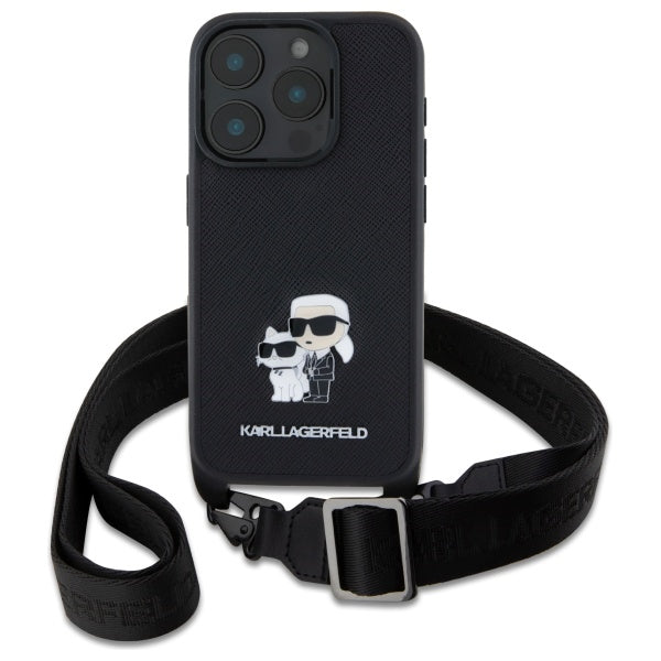Husa pentru Apple iPhone 16 Pro, Karl Lagerfeld, Saffiano Crossbody Metal Pin Karl & Choupette, Neagra
