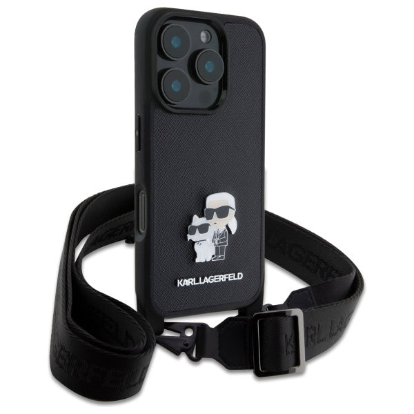 Husa pentru Apple iPhone 16 Pro, Karl Lagerfeld, Saffiano Crossbody Metal Pin Karl & Choupette, Neagra