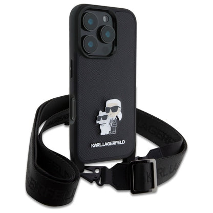 Husa pentru Apple iPhone 16 Pro, Karl Lagerfeld, Saffiano Crossbody Metal Pin Karl & Choupette, Neagra