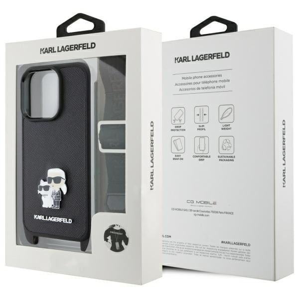 Husa pentru Apple iPhone 16 Pro, Karl Lagerfeld, Saffiano Crossbody Metal Pin Karl & Choupette, Neagra