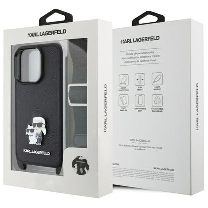 Husa pentru Apple iPhone 16 Pro, Karl Lagerfeld, Saffiano Crossbody Metal Pin Karl & Choupette, Neagra