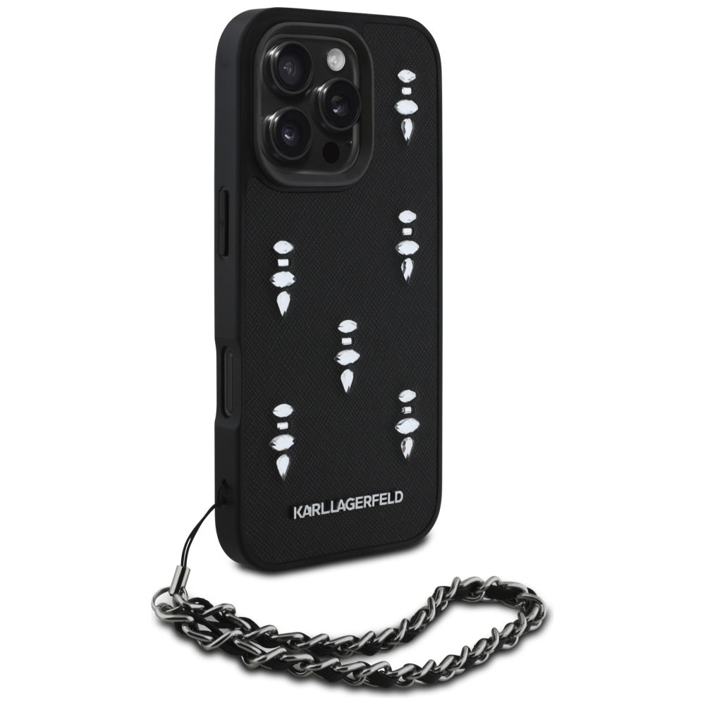 Husa pentru Apple iPhone 16 Pro, Karl Lagerfeld, Saffiano Crystals & Charm, Neagra