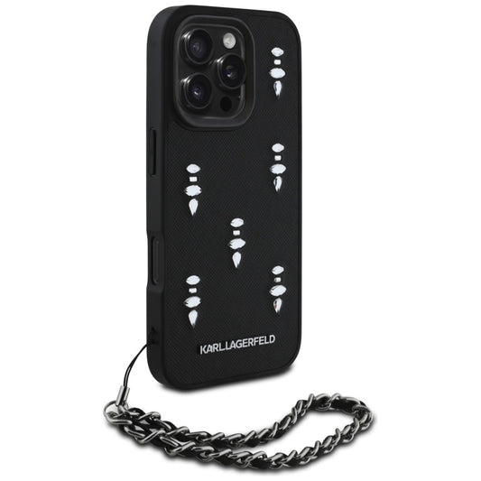 Husa pentru Apple iPhone 16 Pro, Karl Lagerfeld, Saffiano Crystals & Charm, Neagra