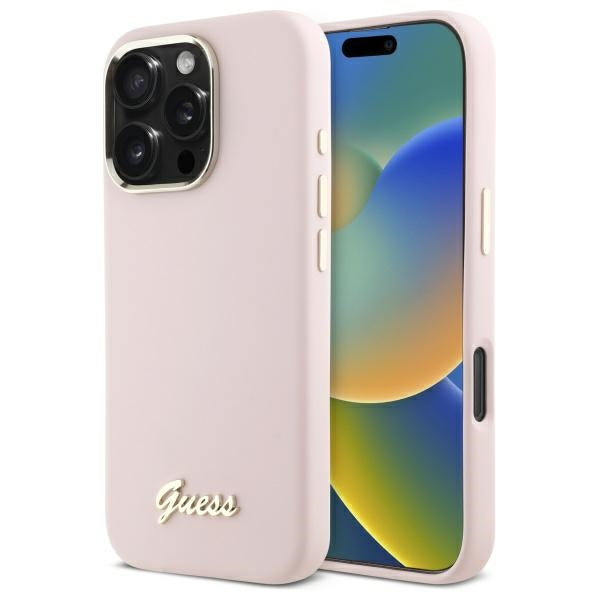 Husa pentru Apple iPhone 16 Pro Max, Guess, Script Metal Logo & Frame, Roz Deschis