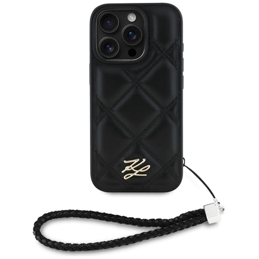 Husa pentru Apple iPhone 16 Pro Max, Karl Lagerfeld, Quilted Initial Logo & Chain Strap, Neagra