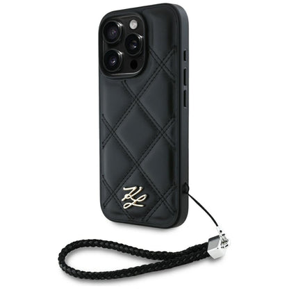 Husa pentru Apple iPhone 16 Pro Max, Karl Lagerfeld, Quilted Initial Logo & Chain Strap, Neagra