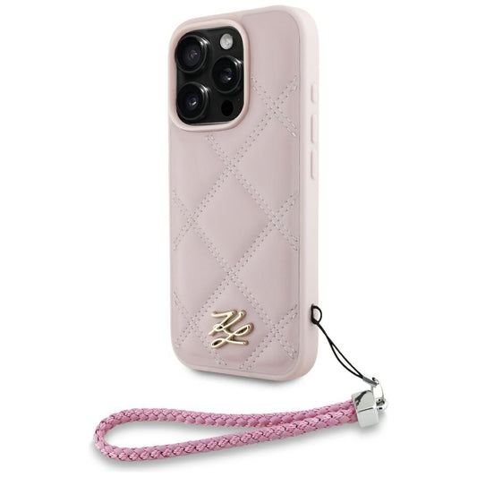 Husa pentru Apple iPhone 16 Pro Max, Karl Lagerfeld, Quilted Initial Logo & Chain Strap, Roz