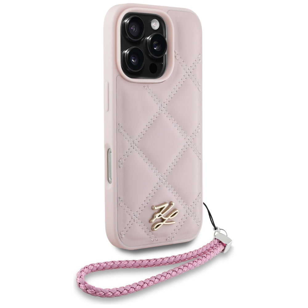 Husa pentru Apple iPhone 16 Pro Max, Karl Lagerfeld, Quilted Initial Logo & Chain Strap, Roz