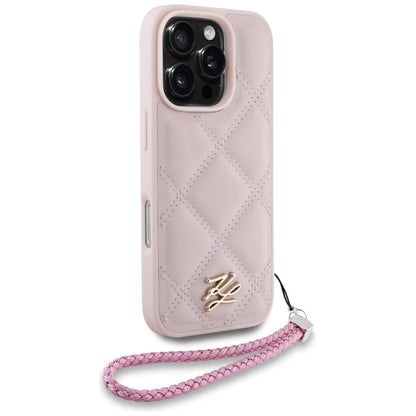 Husa pentru Apple iPhone 16 Pro Max, Karl Lagerfeld, Quilted Initial Logo & Chain Strap, Roz